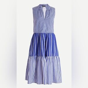 J. Crew royal blue and white sleeveless tiered popover dress in mixed stripe